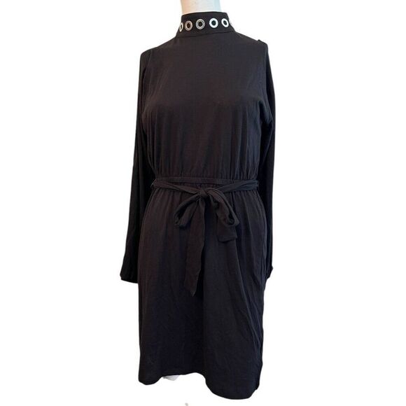 Michael Kors XS Black Mock Neck Cold-Shoulder Mini Dress Belted Long Sleeve NWT - Picture 1 of 7